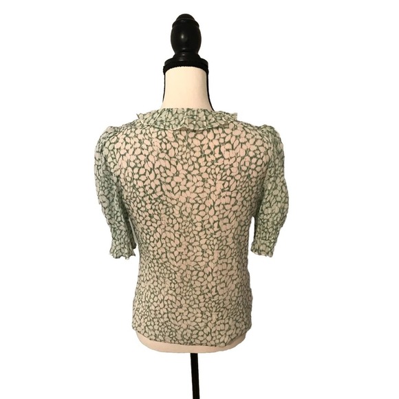 Rebecca Taylor Ikat Lurex Metallic Green/White Leaf Ruffle Blouse - Size 2 - Picture 2 of 12